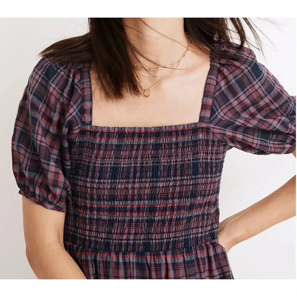 Madewell Lucie Puff-Sleeve Smocked Mini Dress in Rockfern Plaid Sz S